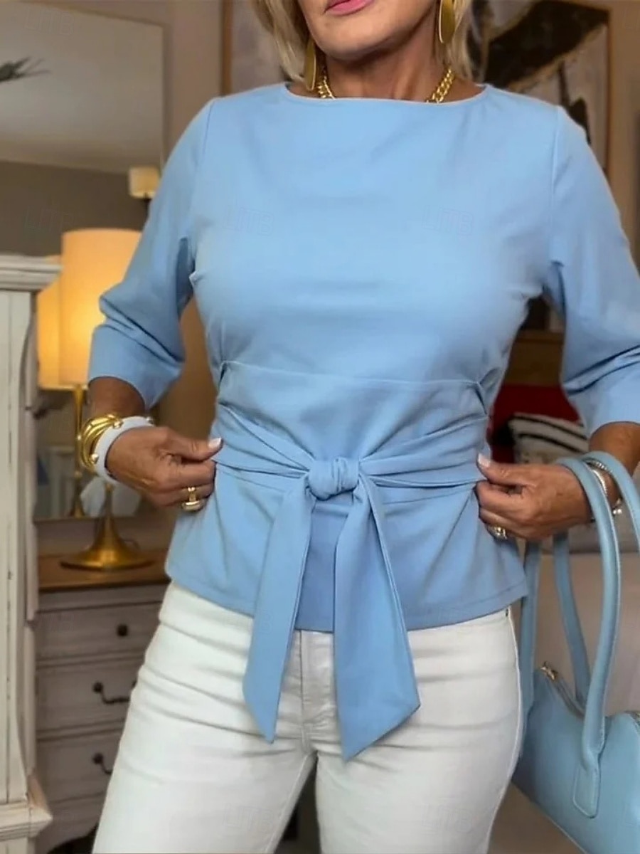 Dames Blouse strik voorkant Effen Kleur Stijlvol Casual Lange mouw Boothals Normale tops Dagelijks blauw Zwart Oranje Licht Blauw Lente Herfst 2026 - $25.99 –P5