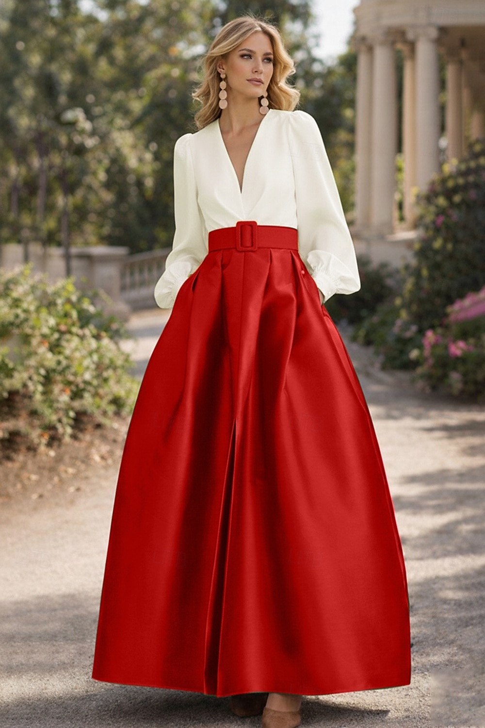 A-Line Floor Length Evening Gown High Split Mother Of The Bride Long Sleeve V Neck Formal Wedding Guest Belt / Sash Satin with Pleats Slit 2026 - $172.99 –P13
