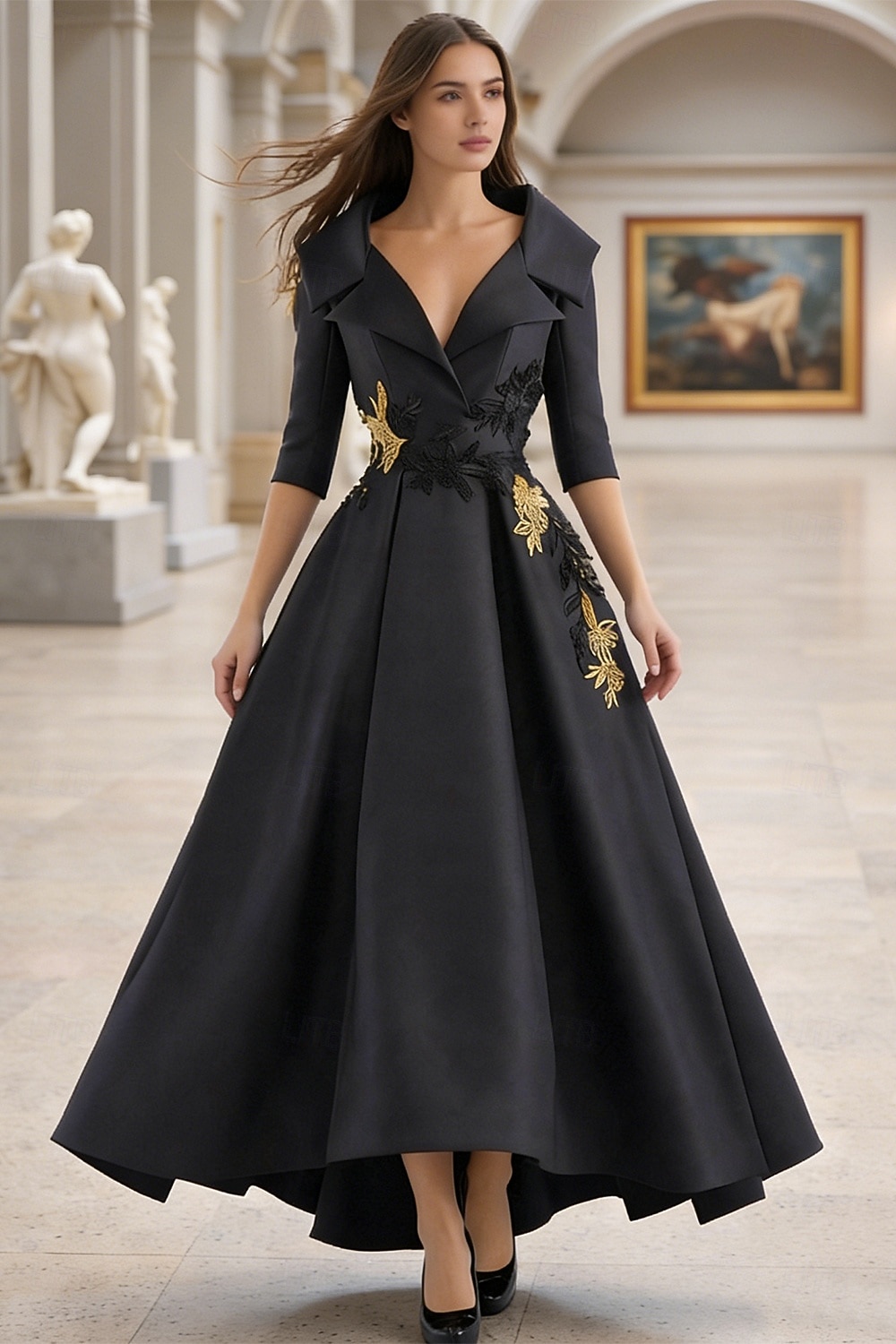 Linha A Longo Vestido formal Vestidos de noite Elegante Manga Longa Decote V Carnaval Formal Bolsos Cetim com Miçangas Apliques de 2026 por $195.99 –P1