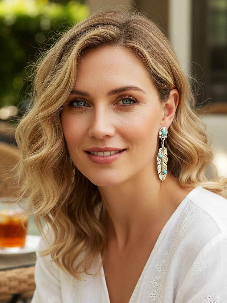 Pendientes colgantes de hoja turquesa de aleación estilo boho para mujer, pendientes llamativos de plumas de estilo western vintage para uso casual, viajes, vacaciones y estilo resort. 2026 - $7.99 –P2