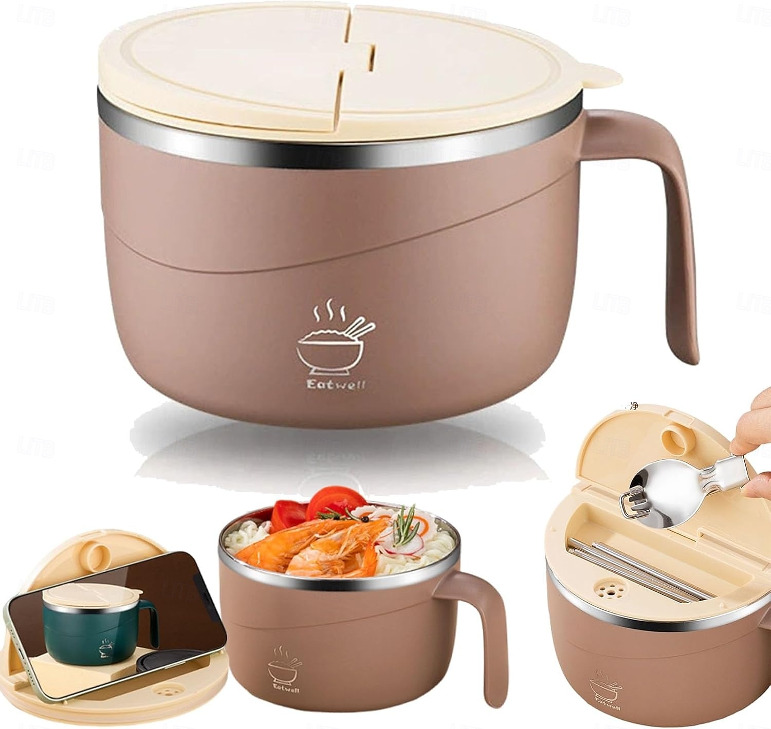 304 rustfritt stål nudelskål med lokk og håndtak, 1200 ml ramenskål med stor kapasitet, dobbeltvegget skåldingssikker suppeskål, bærbar matbeholder for studenthjem, kontor, hjemmebruk 2026 - $16.99 –P5