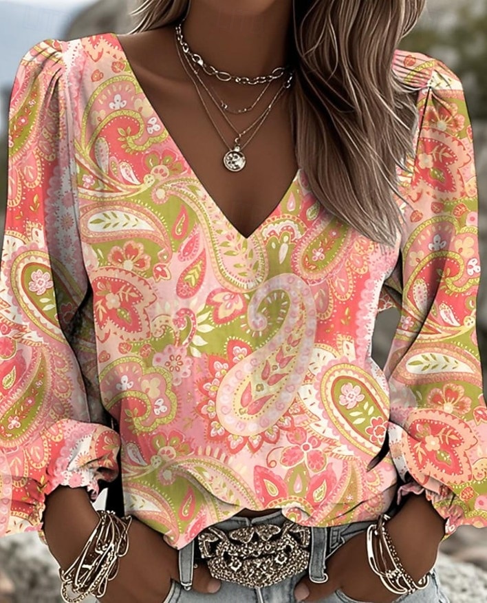 Pentru femei Bluză Imprimeu Floral Boemia Epocă Casual Manșon Lung În V Topuri obișnuite Zilnic Albastru piscină Negru Alb Roz Îmbujorat Roșu Vin Vară Primăvară Toamnă 2026 - $25.99 –P6
