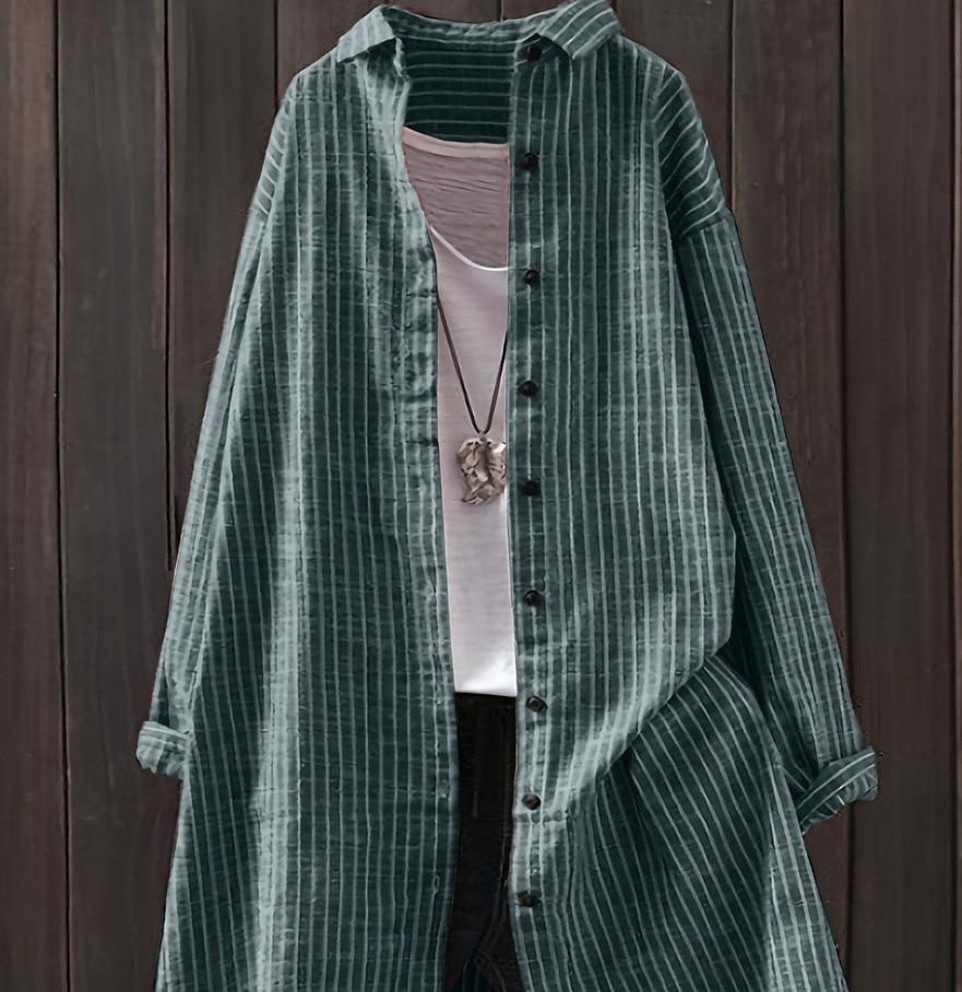 Dame Bluse Knapper Trykt mønster Stripet Årgang Stilfull Fritid Langermet Skjortekrage Lange topper Daglig Svart Sommer Vår Høst 2026 - $24.99 –P4