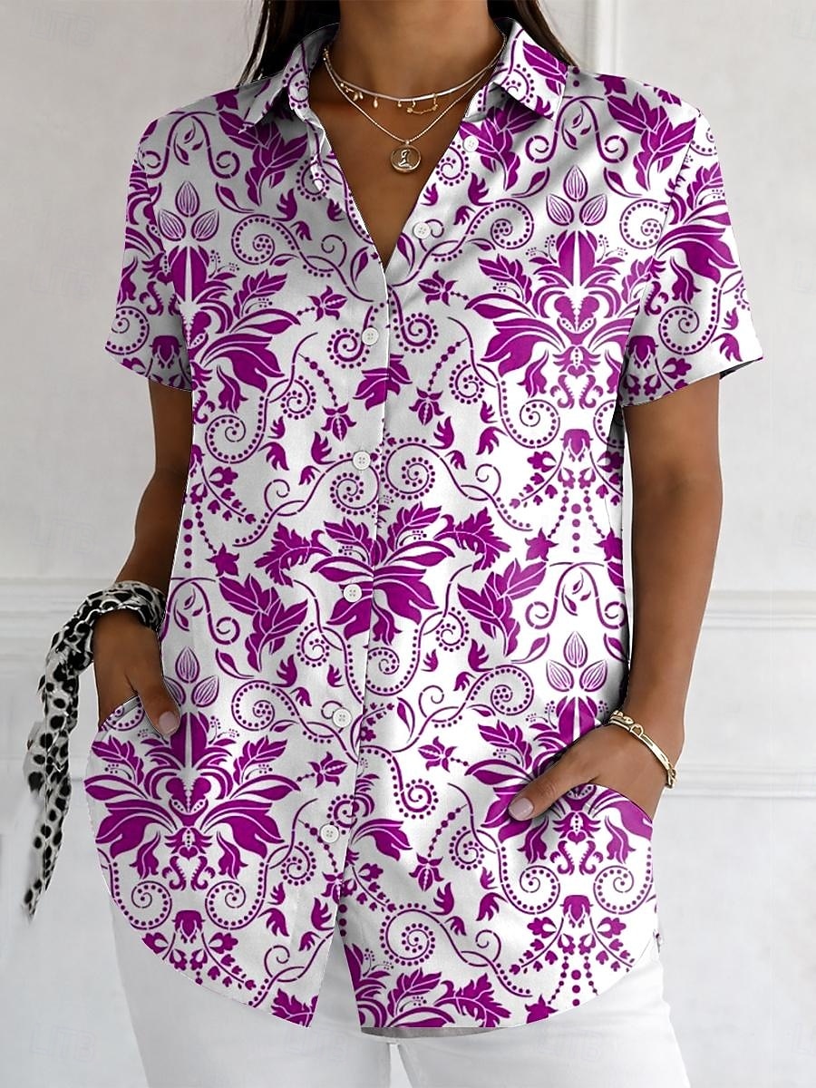 Women's Shirt Buttons Print Floral Graphic Vintage Stylish Modern Short Sleeve Shirt Collar Long Tops Daily Blue Red Purple Green Summer Spring 2026 - $26.99 –P2