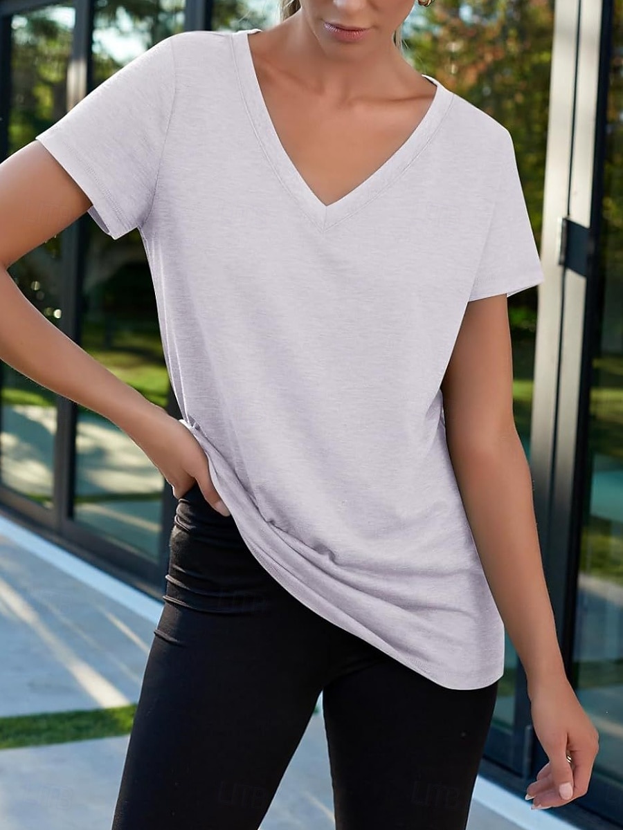 Per donna Maglietta Semplice Moda Elegante Classico Manica Corta Scollo a V Top Regolari Quotidiano Uscire Weekend Bianco Rosa Vino Blu marino Albicocca Estate Primavera del 2026 a $19.99 –P4