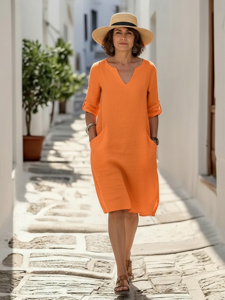 Γυναικεία Φόρεμα μέχρι το γόνατο Φορέματα με λινή αίσθηση Φόρεμα ριχτό Καθημερινό φόρεμα Μοντέρνα ΕΞΩΤΕΡΙΚΟΥ ΧΩΡΟΥ Διακοπές Εξόδου Κανονικό Σκέτο 3/4 Μήκος Μανικιού Λαιμόκοψη V 2026 - $17.49 –P3