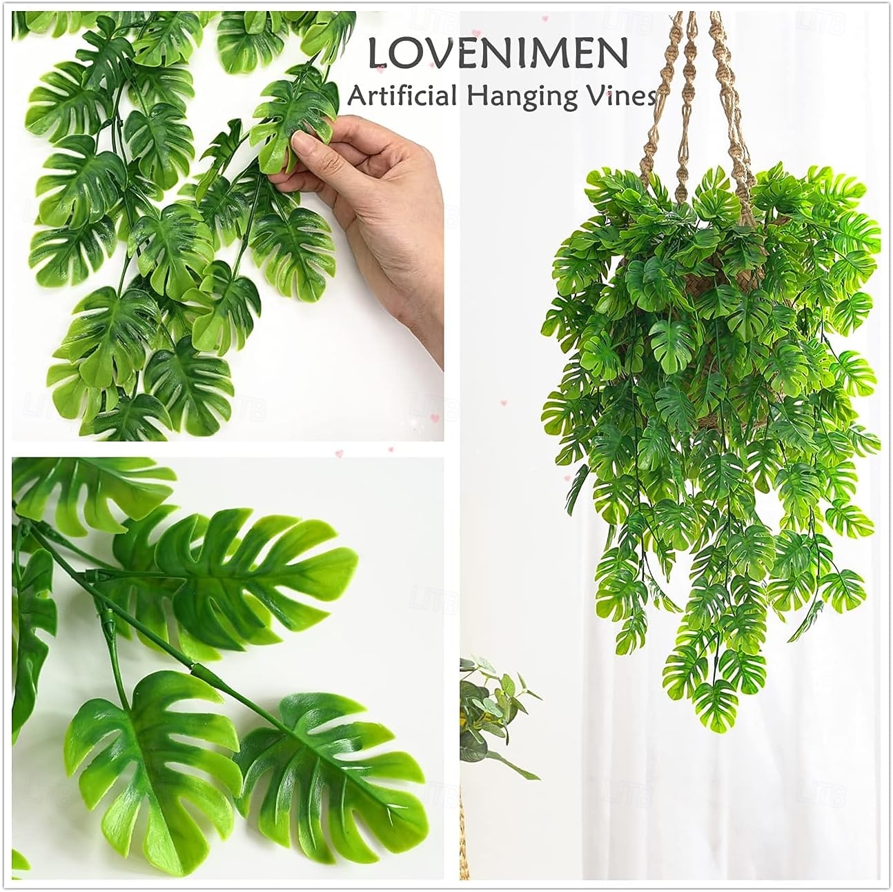 Paquete de 4 enredaderas colgantes artificiales, hojas de monstera falsas, hiedra, hojas de jungla, plantas de palma tropical, ratán para plantas de interior, hogar, cocina, jardín, pared exterior, 2026 - $16.99 –P6