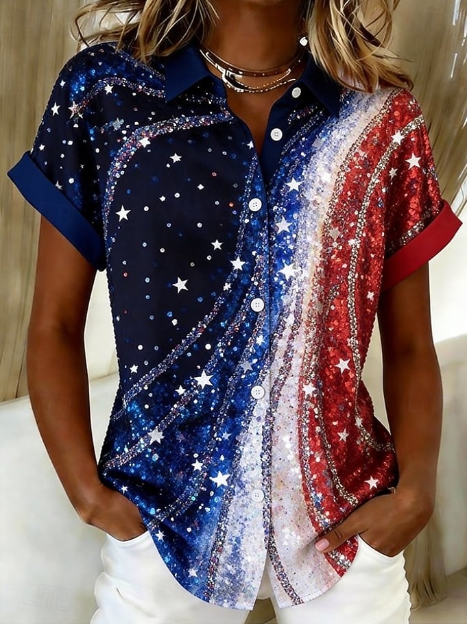 Camisa Feminina Dia da Independência Americana Blusa Manga Curta Gráfica Bandeira Vintage Estilosa Casual Sem Mangas Gola Regular Tops Diários Azul Branco Azul Claro Verão Primavera de 2026 por $26.99 –P3