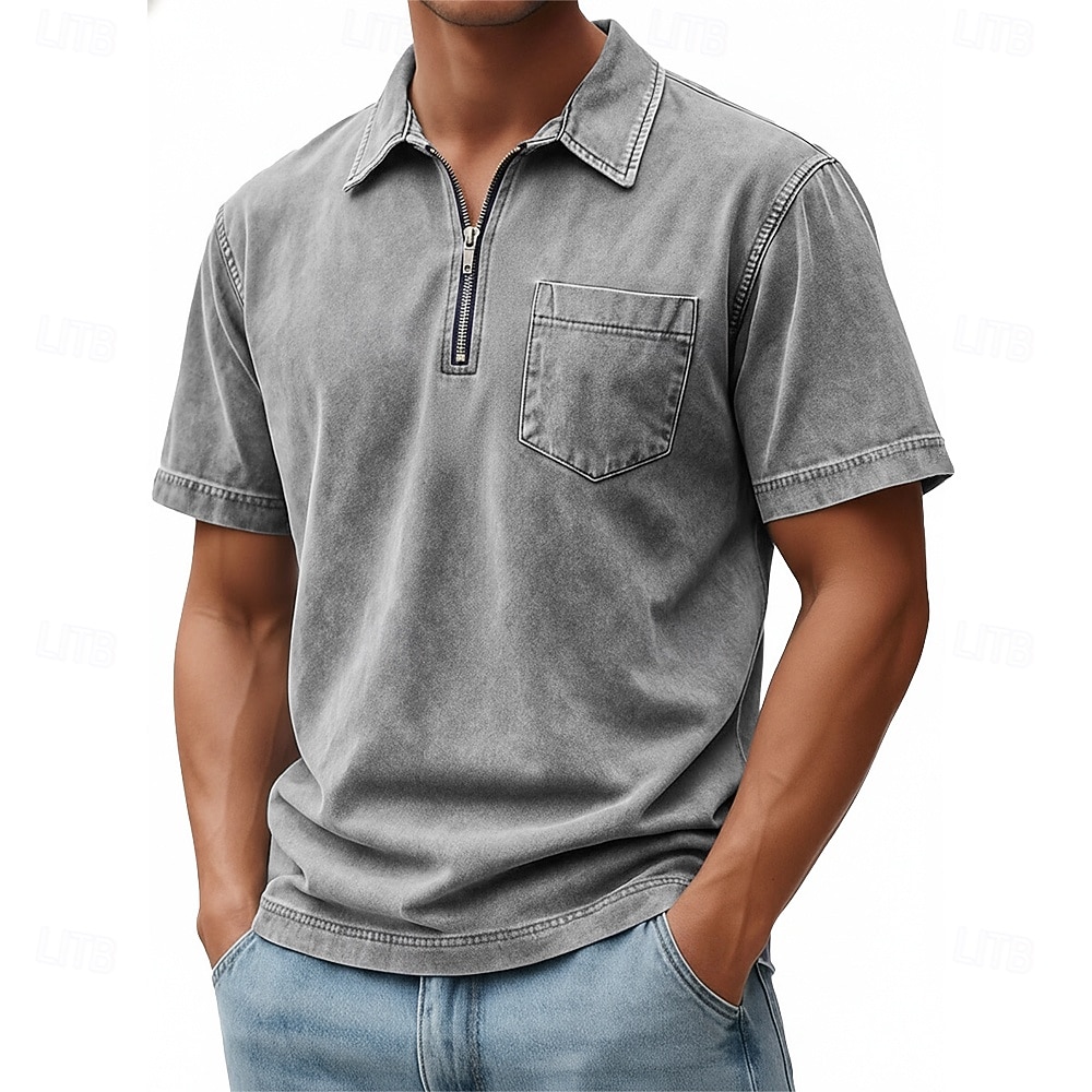 SoftFade™ Miesten Vetoketjullinen Polo 100% Puuvillaa Happopesu Paita Rentoa Päivittäinen Käyttö Neljännes Vetoketju Lyhythihainen Muoti Perus Yksinkertainen Denim Tasku Haalistunut Kesä Kevät 2026 - $31.99 –P10