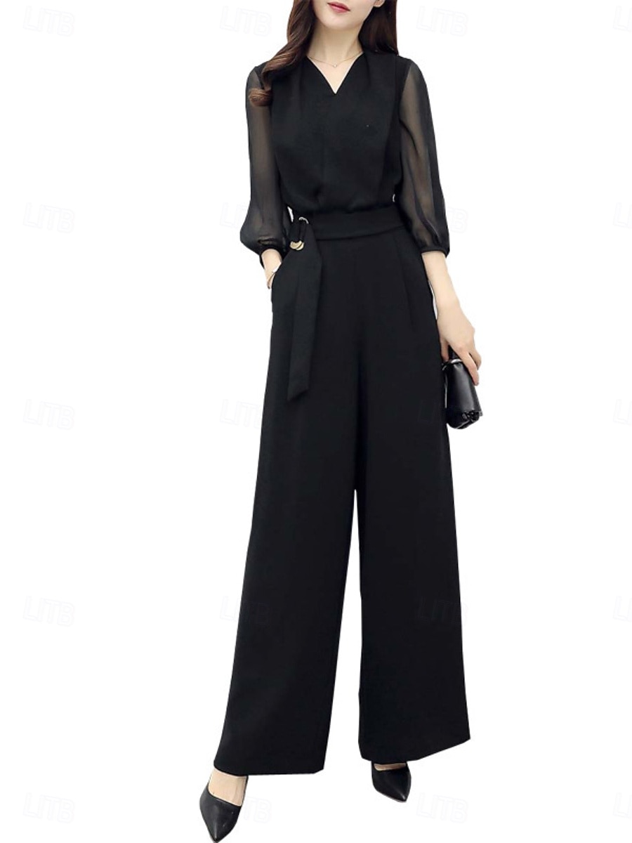 Women's Normal Jumpsuit Active Solid Color Long Sleeve Wide Leg V Neck Patchwork Daily Vacation Regular Fit Black Summer 2026 - $35.99 –P1