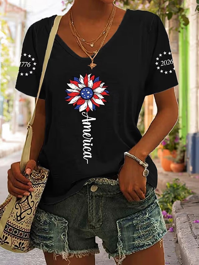 Amerikaanse onafhankelijkheidsdag Dames T-shirt Afdrukken Grafisch Amerikaanse vlag Vintage Stijlvol Klassiek Korte mouw V-hals Normale tops Dagelijks blauw Zwart Wit Grijs Zomer Lente 2026 - $21.99 –P2