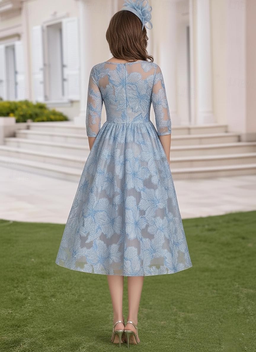 Linia -A Lungimea ceaiului Rochie de dantela Rochie de Cocktail Rochie Mama Miresei Manșon Jumate Guler Cămașă Elegant Epocă Oficial Organza Jaquard cu Broderie Aplică Flori 2026 - $143.99 –P3