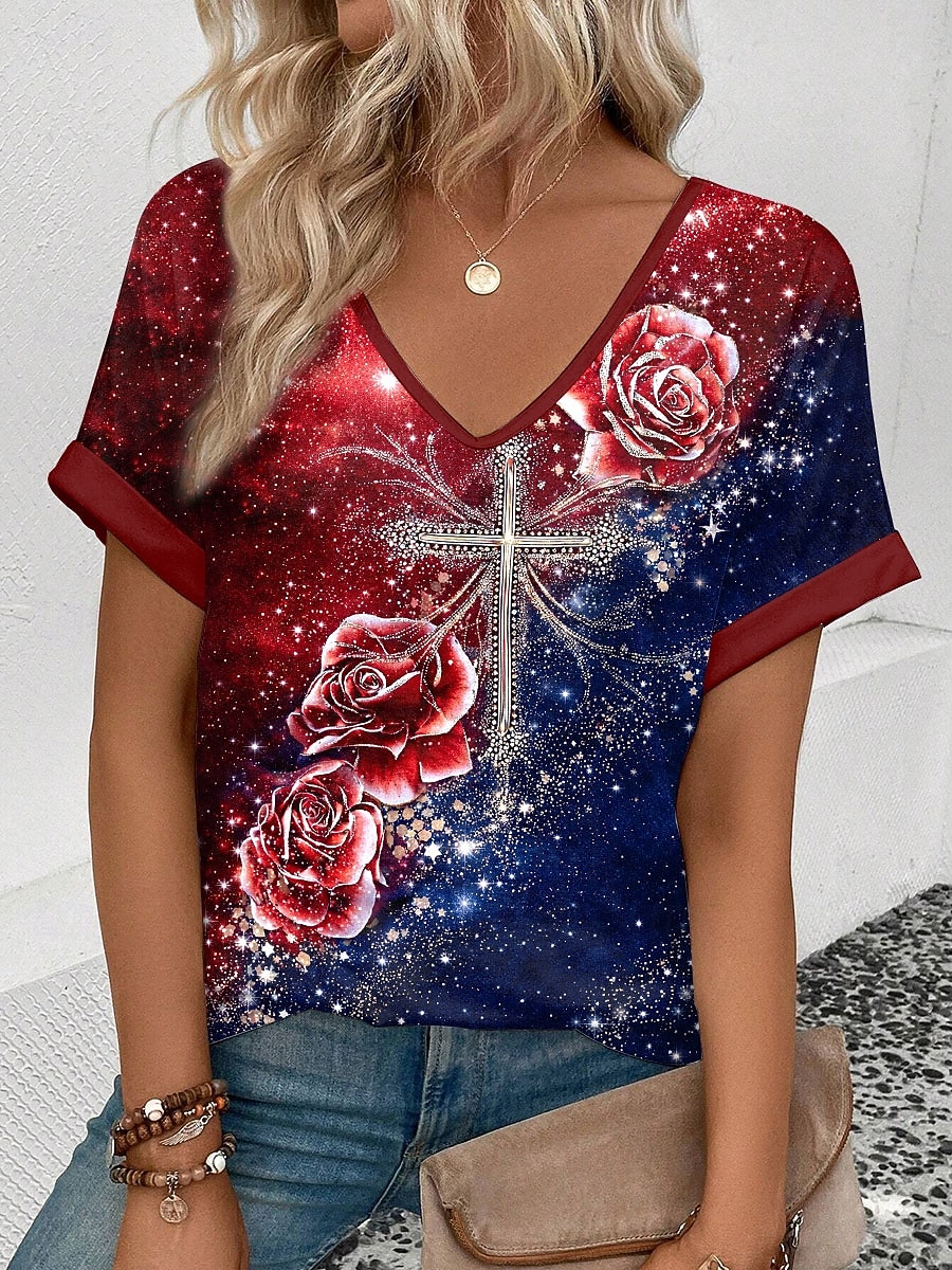 Jour de l'Indépendance Américaine Femmes T-shirt Imprimé Fleuri Graphique Drapeau ancien Occasionnel Manche Courte Col en V Hauts Réguliers Quotidien Week-end Vêtements de vacances Bleu Vin Vert Ét de 2026 ? $21.99 –P1