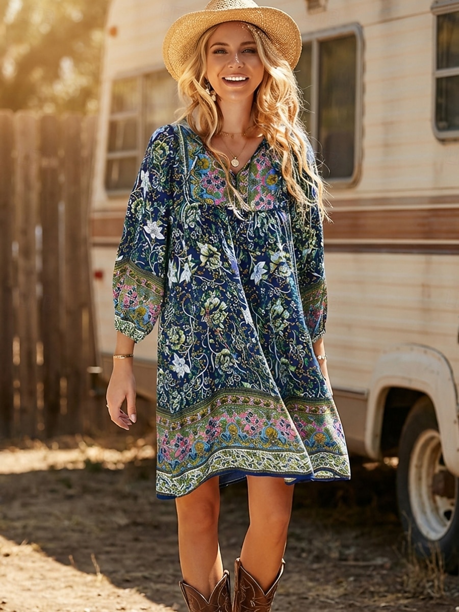 boho dress print mini Floral Print Mini Dress, Boho Cotton Summer Dress