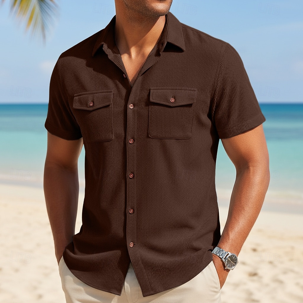Men's Shirt Casual Shirt Corduroy Shirt Button Up Shirt Black White Yellow Navy Blue Brown Short Sleeve Solid Color Plain Textured Shirt Collar Casual Daily Front Pocket Clothing Apparel Elegant 2026 - $24.99 –P7