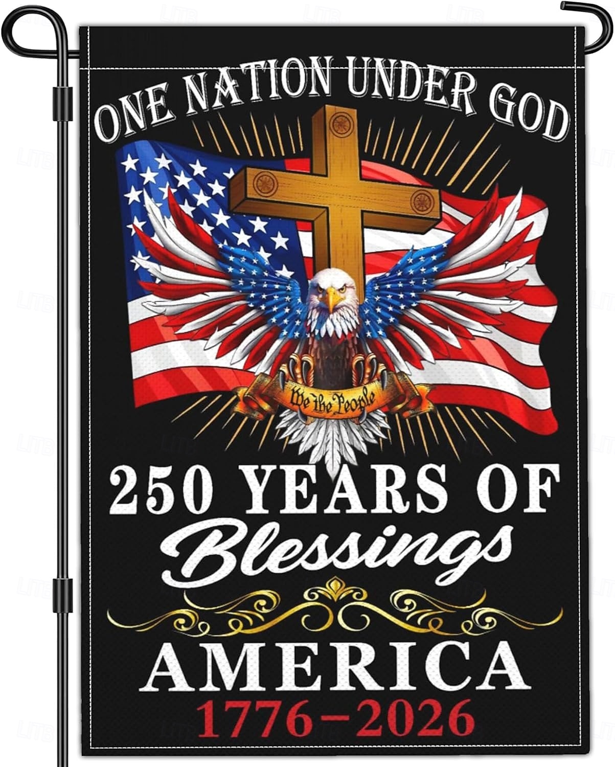 Lot de 2 drapeaux de jardin commémoratifs du 250e anniversaire des États-Unis, ornés d'un aigle patriotique, d'une croix et de la devise « Une nation sous Dieu ». Décoration extérieure résistante pour les célébrations. de 2026 ? $18.49 –P1
