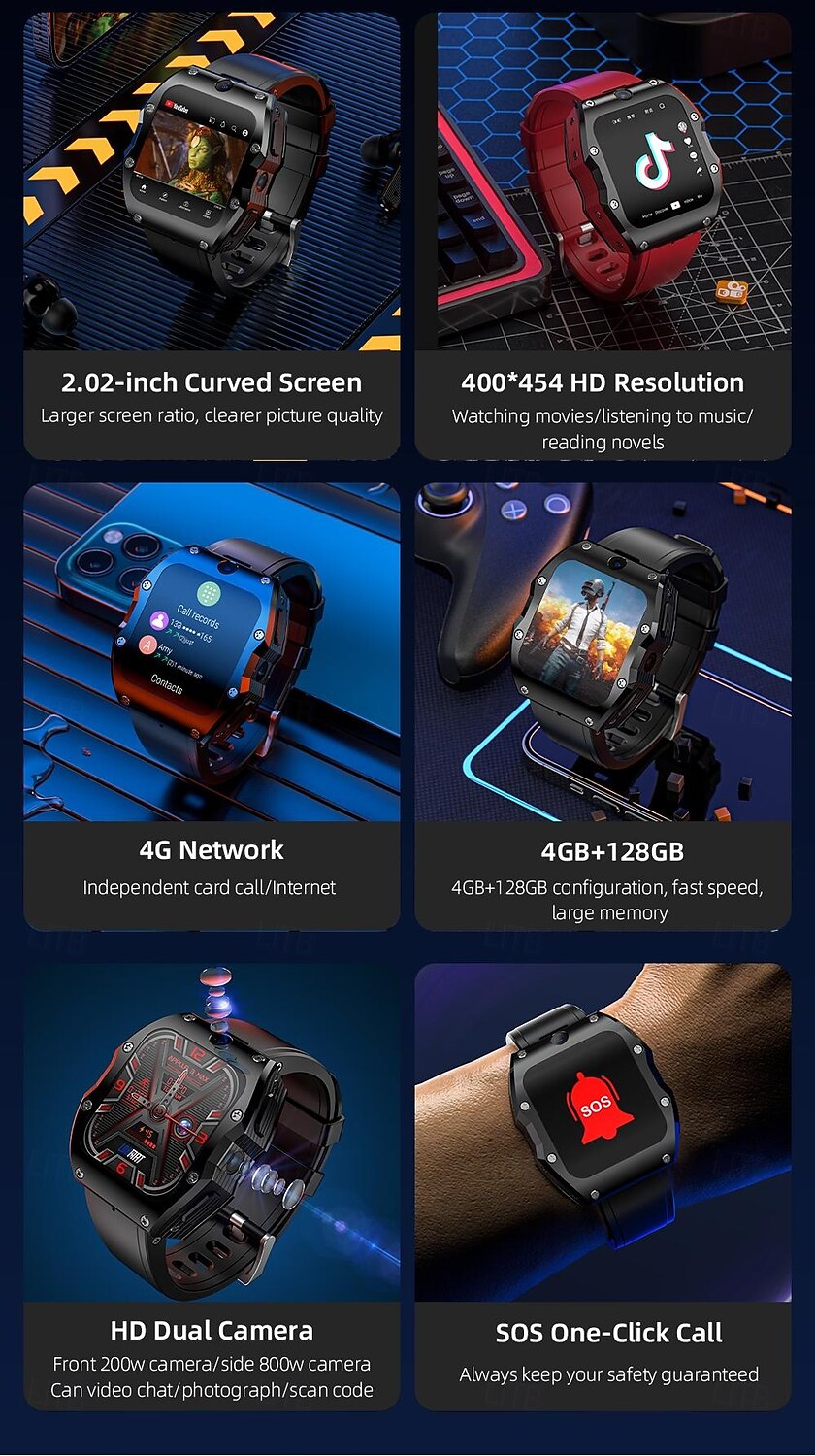 Lokmat appllp 3 max smartwatch 2,02 cala 4G LTE komórkowy smartwatch telefon krokomierz przypomnienie o połączeniach monitor aktywności kompatybilny z Androidem, iOS, GPS unisex, połączenia bez użycia rąk, sterowanie multimediami ipx-4 55 mm 2026 - $334.49 –P2