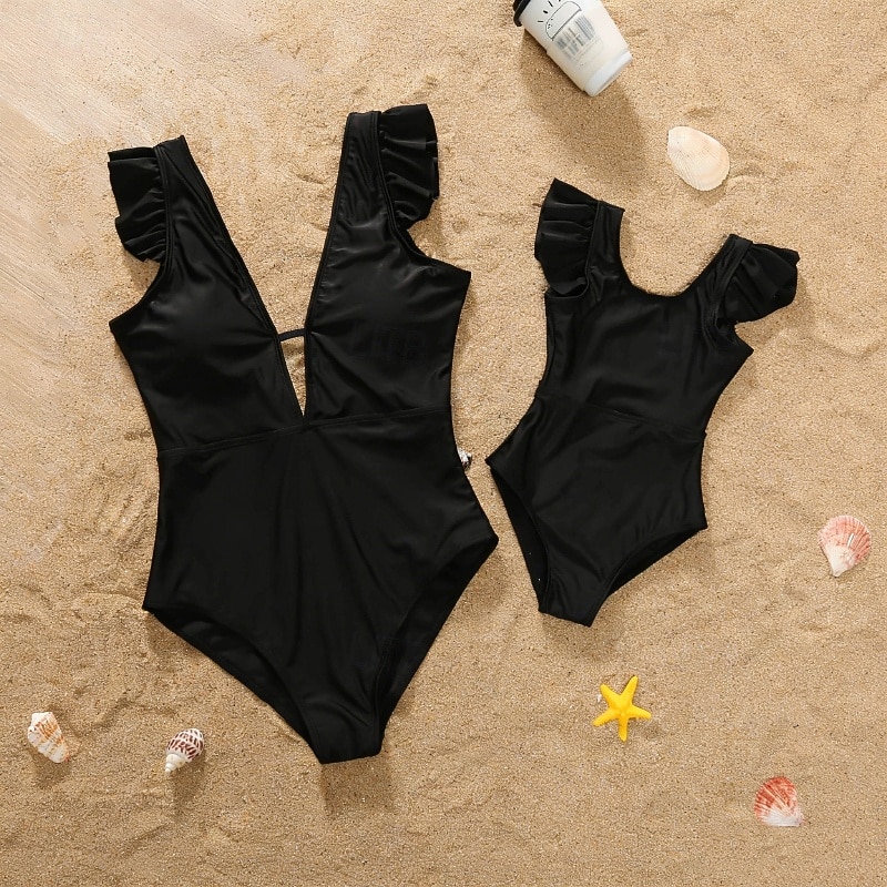 Mommy and Me Swimsuit Jumpsuit Solid Color Casual Ruched Black Pink Sleeveless Active Matching Outfits 2026 - $28.99 –P1