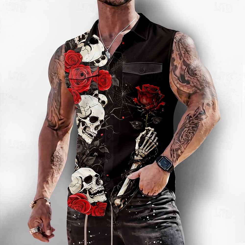 Homme Squelette Rose Crânes Chemise Chemise Boutonnée T-shirt sans manches Sans manches Style gothique sombre Extérieur Décontracté Été Printemps Col Rabattu Impression 3D Deux poches avant Noir de 2026 ? $25.99 –P1