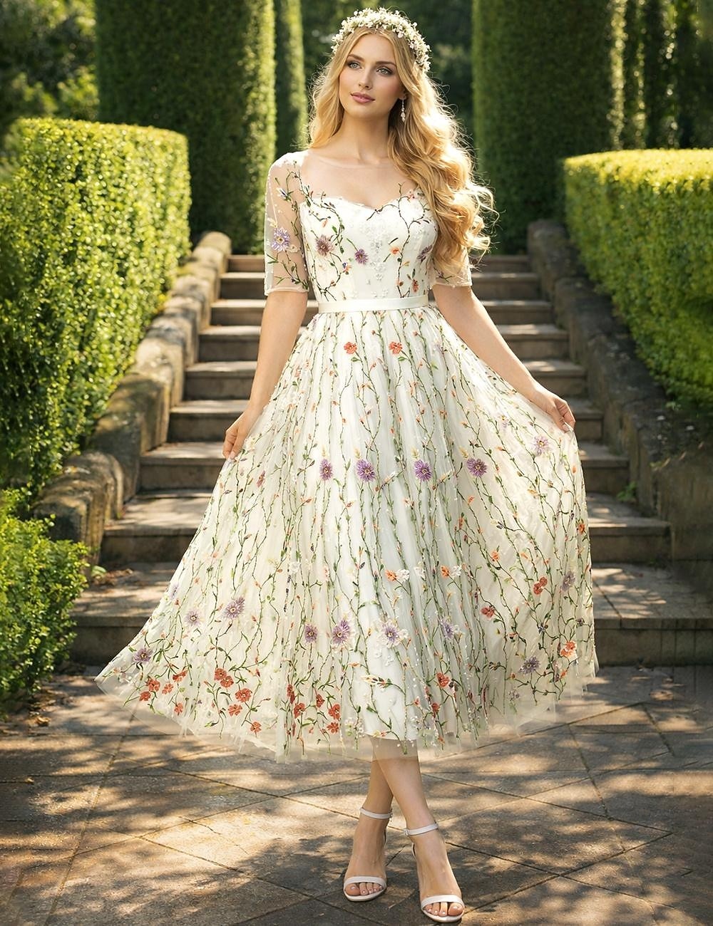 A-Lijn Bloemenjurk Valentijnsdag Bruiloft Gast Theelength Halve Mouw Illusie Hals Kant met Borduurapplicaties 2026 - $109.99 –P2