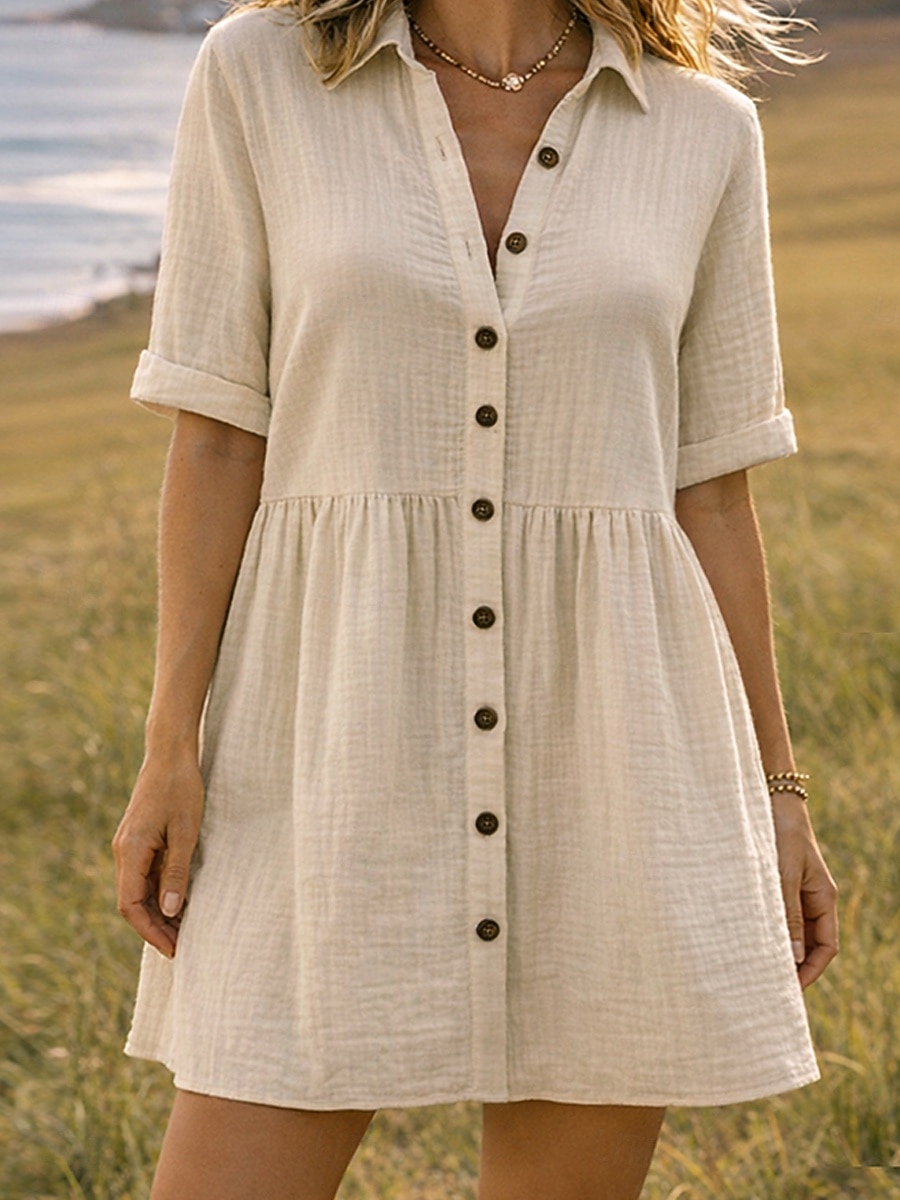 Robe-chemise courte pour femme, basique, décontractée, pour le quotidien, les vacances, coupe classique, manches courtes, col, noir, rose, abricot, été de 2026 ? $31.99 –P3