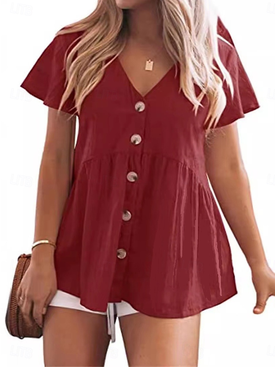 Damen Hemd Baumwolle Gerafft Patchwork Knöpfe Einfach Elegant Urlaub Stilvoll Kurzarm V Ausschnitt Normale Oberteile Täglich Strand Ferien Schwarz Hellgrün Rosa Rote Violett Sommer Frühling 2026 - $21.99 –P3