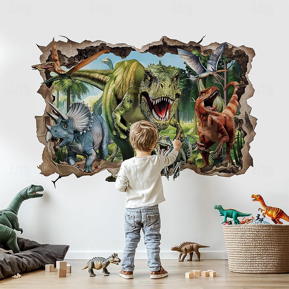 3D őskori dinoszaurusz világ t-rex triceratops brachiosaurus törött falhatás dzsungel fali kárpit ajtó banner gyerekek hálószoba fiúk játszószoba dekoráció születésnapi buli háttér 2026 - $19.99 –P5