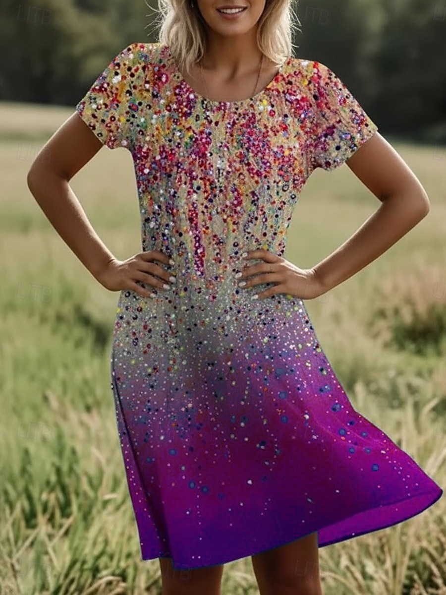 Naisten Polvipituinen mekko Boho-mekko Rento mekko Tpaitamekko Vintage Päivittäin ulko- Loma Normaali Ombre Kuvitettu Lyhythihainen Tiukka pyöreä kaula-aukko Sininen Purppura Apila Kesä Kevät 2026 - $24.99 –P4