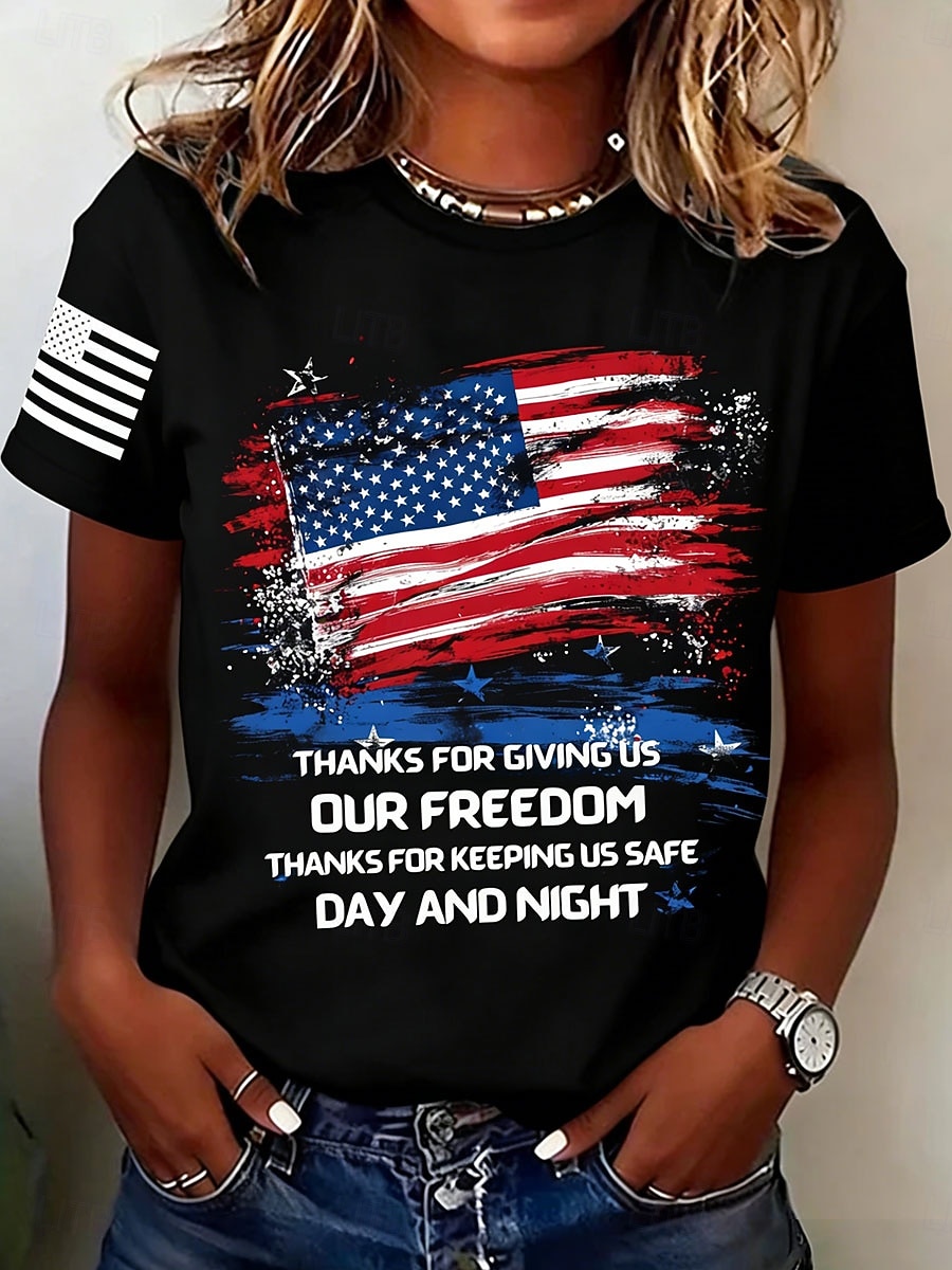 День независимости США Жен. Футболка С принтом Графика Флаг Буквы Винтаж Стиль Классика С короткими рукавами Вырез под горло Обычные топы Повседневные Синий Черный Красный Зеленый Бежевый Лето Весна 2026 - $22.99 –P2