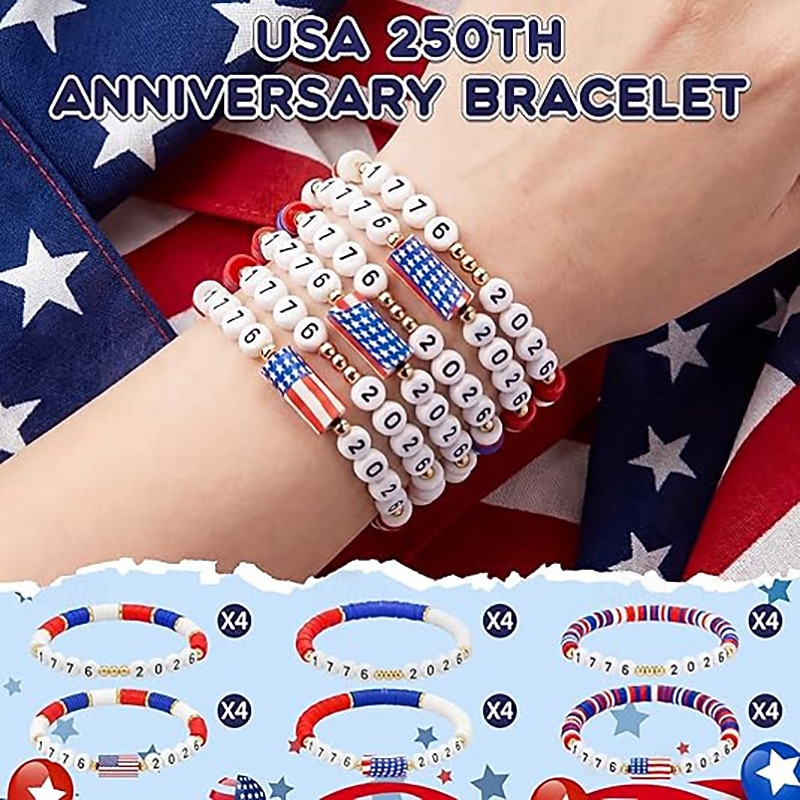 5 kpl Yhdysvaltain 250-vuotisjuhlan helmirannekorusetti, isänmaallisia puna-valko-sinisiä surf-tyylisiä joustavia rannekoruja, joissa on 1776–2026 helmiä ja minikokoinen Yhdysvaltain lippu, 2026 - $9.99 –P1