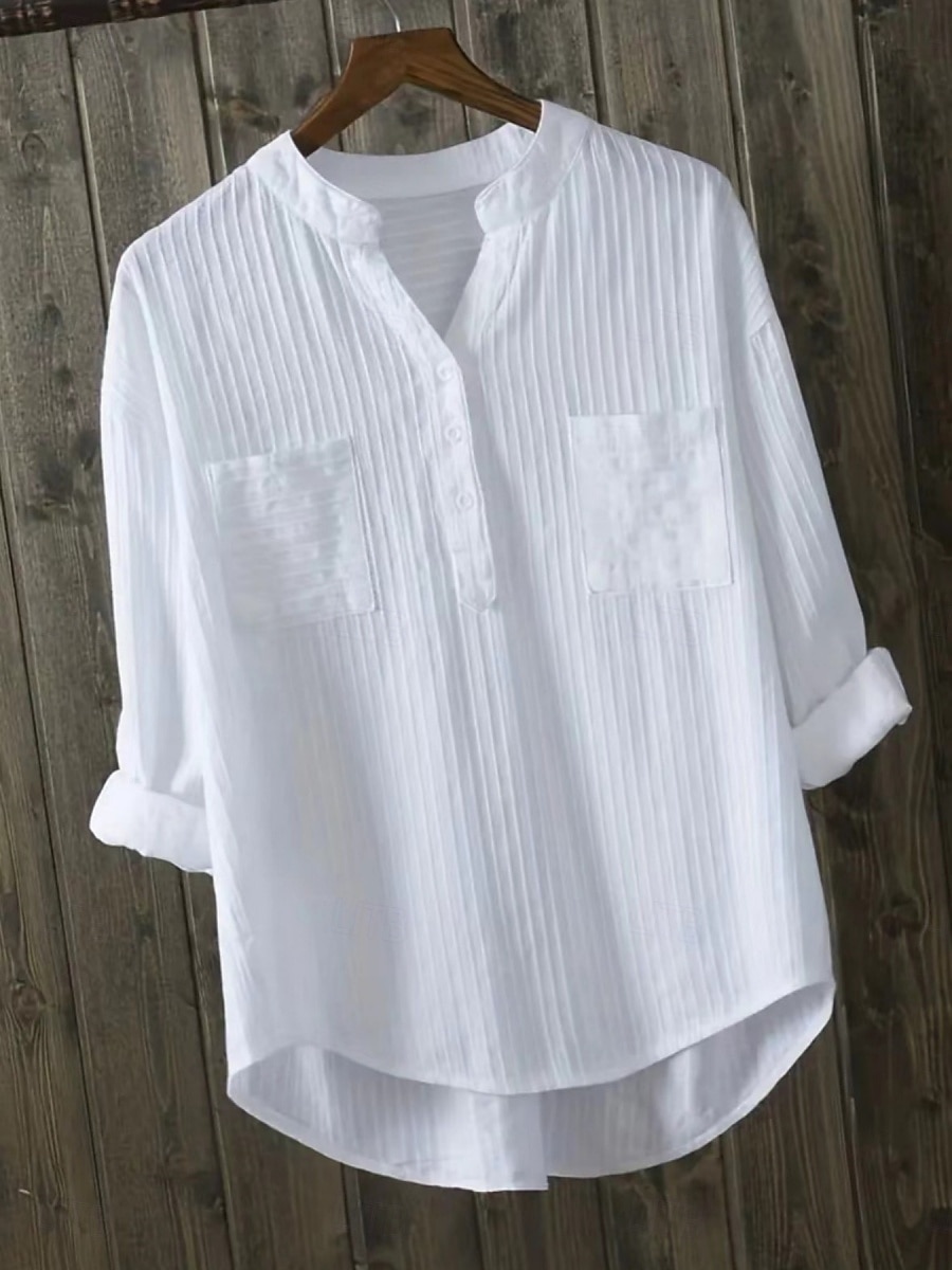Women's 100% Cotton Blouse Shirt Faux Linen Solid Color Elegant Daily Basic Long Sleeve V Neck Regular Tops Daily Black White Yellow Purple Spring Fall 2026 - $34.99 –P1