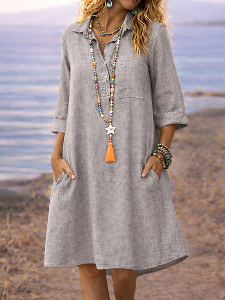 Women's Mini Dress Linen-feel Dresses Shirt Dress Classic Daily Holiday  Going out Regular Fit Plain 3/4 Length Sleeve Shirt Collar Black Khaki  Green Gray Summer 2026 - 16.99