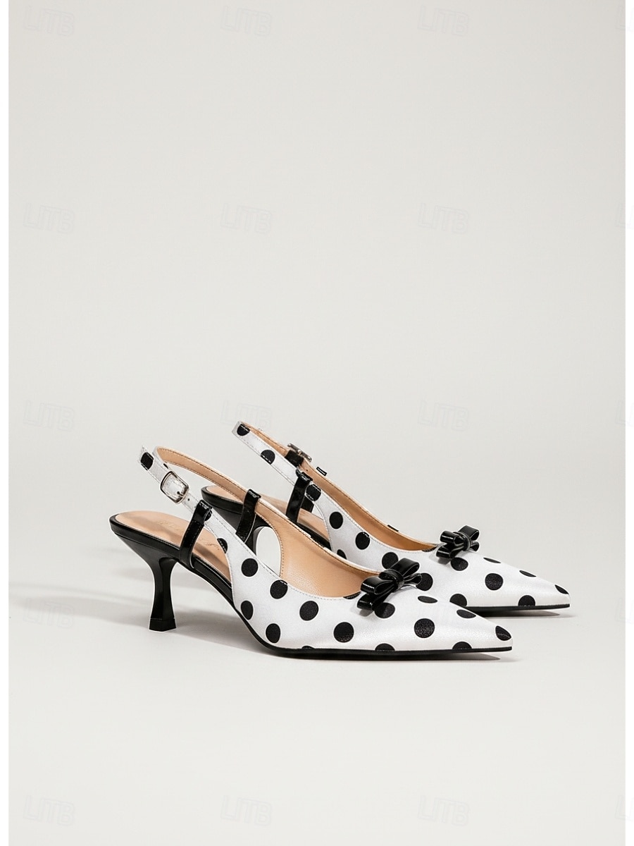 Elegáns, fehér pöttyös, slingback cipők - sikkes, hegyes orrú, cicasarkú cipő állítható pánttal irodai munkára, mindennapi viseletre és nyári kiruccanásokra. 2026 - $46.99 –P2
