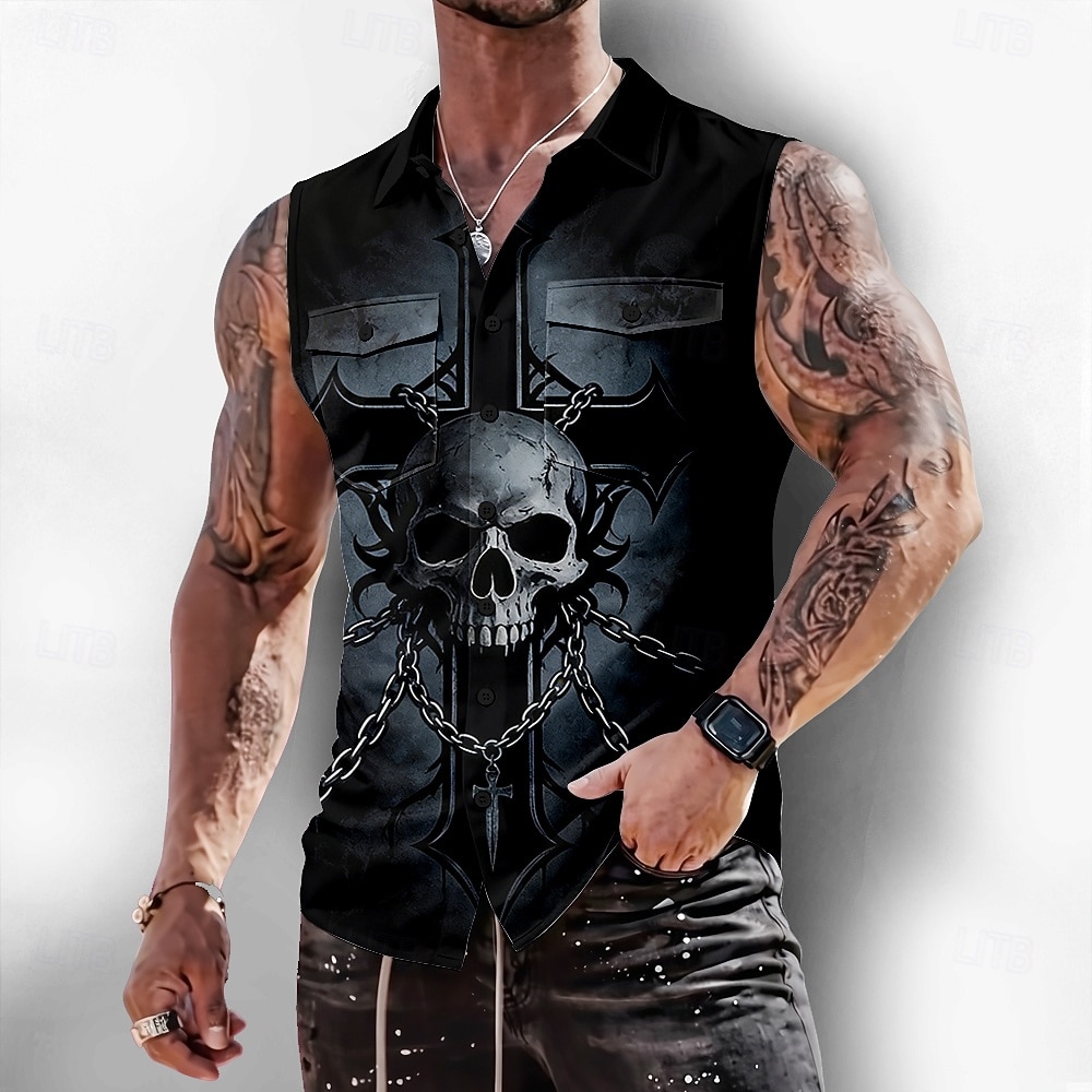 Herren Gothic-Horror Kreuz Totenkopfe Hemd Knopfhemd Ärmelloses Shirt Ärmellos Dunkler Gothic-Stil Outdoor Lässig Sommer Frühling Umlegekragen 3D-Druck Zwei Fronttaschen Blau Schwarz Purpur Braun 2026 - $25.99 –P4