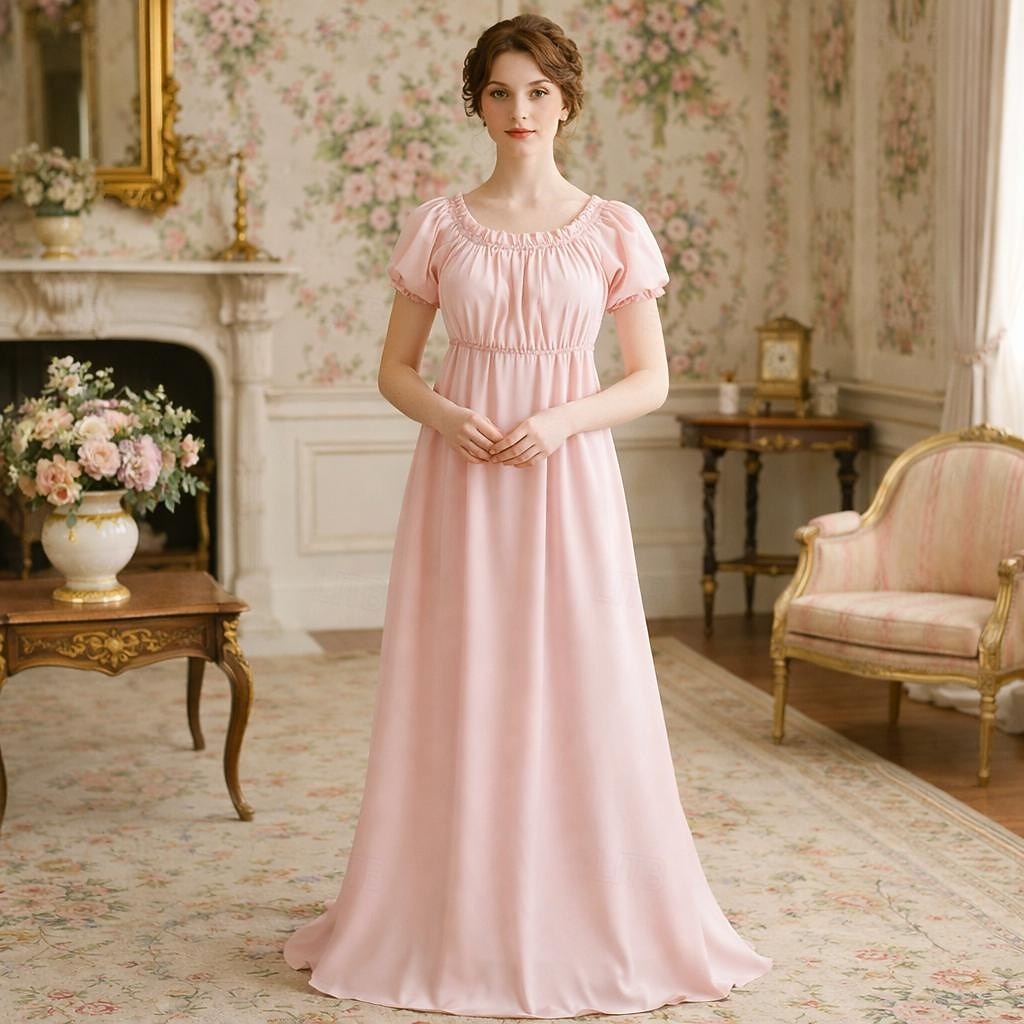 Renaissance 19ème siècle Période de la Régence Longueur au sol Robe Manches courtes Princesse Dame Col rond Déguisement Femmes Royal Halloween Carnaval Foire de la Renaissance Soirée à thème rétro de 2026 ? $59.99 –P1