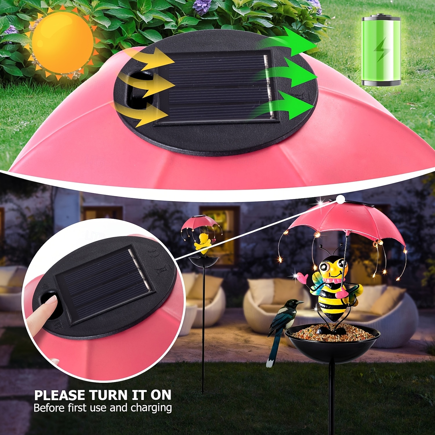 1 stuk buitenverlichting op zonne-energie in de vorm van een bijenparaplu, vogelvoederhuisje met prikstok, IP44 waterdichte tuinpadverlichting, terras-, gazon- en tuindecoratie, decoratieve 2026 - $26.99 –P3