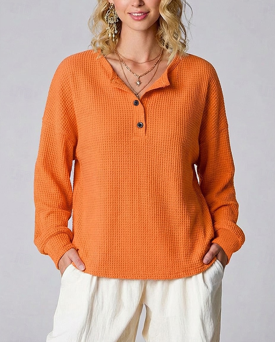 Femmes Chemise Tops en tricot gaufre Couleur Unie Élégant Classique Occasionnel manche longue Henley Hauts Réguliers Quotidien Sports Week-end Noir Blanche Jaune Rouge Orange Été Printemps Automne de 2026 ? $27.99 –P1