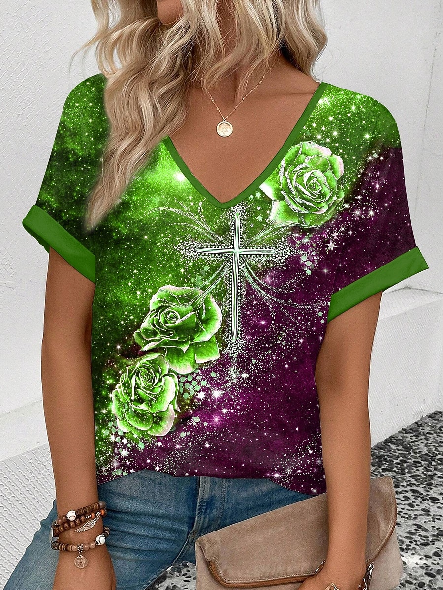 Jour de l'Indépendance Américaine Femmes T-shirt Imprimé Fleuri Graphique Drapeau ancien Occasionnel Manche Courte Col en V Hauts Réguliers Quotidien Week-end Vêtements de vacances Bleu Vin Vert Ét de 2026 ? $21.99 –P3