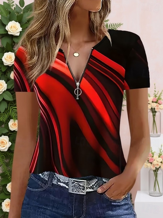 Жен. Футболка Цветовые блоки Четверть молния Графика Геометрический принт Абстракция тропический Гавайский Стиль С короткими рукавами Вырез под горло Обычные топы Свадьба на пляже Повседневные Спорт 2026 - $21.99 –P3