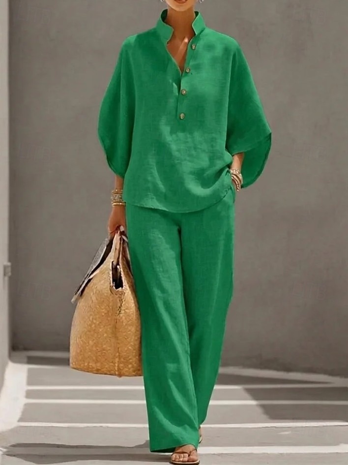 Mulheres Conjuntos de linho de algodão Manga 3/4 Colarinho Chinês Côr Sólida Diário Angustiado Casual Diário Preto Amarelo Vinho Verão Ajuste Largo de 2026 por $41.99 –P4