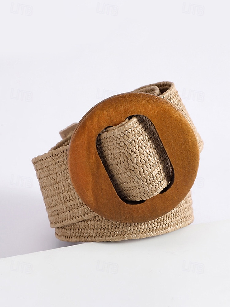 Cinturón tejido bohemio para mujer con hebilla de madera vintage, cinturón de malla de paja para vestir, ideal para vacaciones de verano en la playa y uso diario informal, disponible en varios colores. 2026 - $9.99 –P7