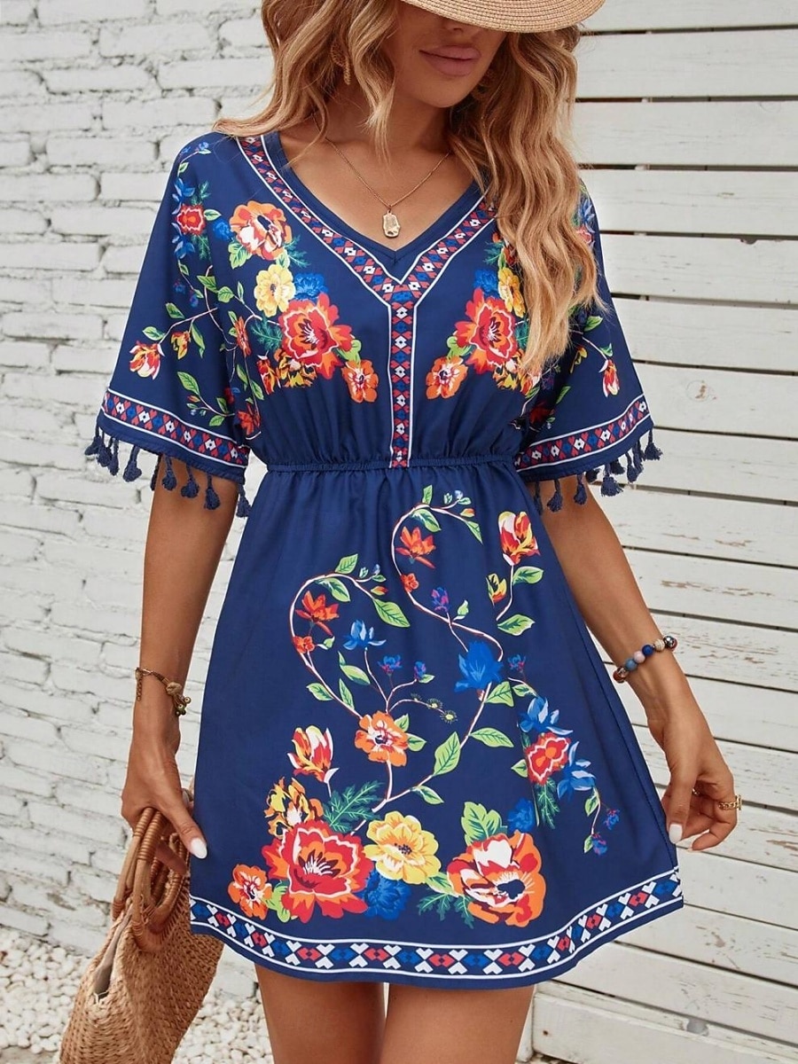 Dames Mini-jurk Boho-jurk Casual jurk Bloemetjesjurk Elegant Modieus Modern Buiten Vakantie Uitgaan Normale pasvorm Bloemig Korte mouw V-hals blauw Zwart Wit Zomer Lente 2026 - E£1924.54 –P9