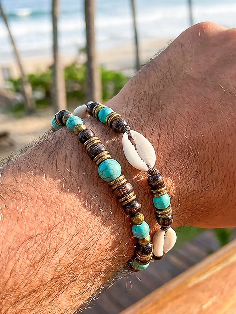 Set di due bracciali da uomo in stile boho, con perline di legno, turchese e conchiglia, perfetti per le vacanze al mare e per uno stile casual quotidiano. del 2026 a $7.99 –P3