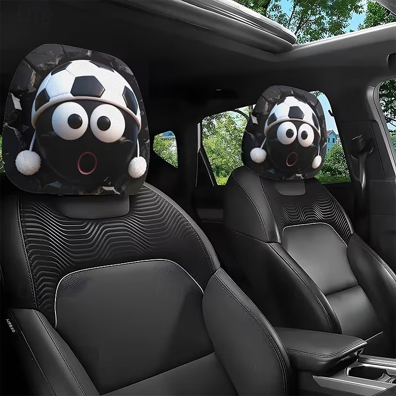 2 stuks grappige hoofdsteunhoezen met voetbalhoofd-uitdrukking voor in de auto, gemaakt van non-woven polyester, universele pasvorm, wasbaar, eenvoudig te installeren, perfect voor roadtrips of 2026 - $9.49 –P2