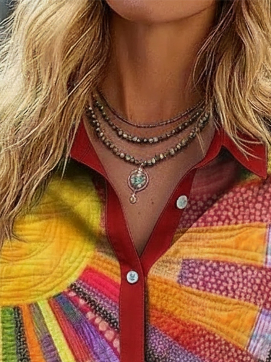 Mujer Camisa Lino de algodón sintético Botones Estampado Sol Pintada Bohemia Activo Casual Manga Larga Cuello Camisero Tops regulares Diario Festivos Arco Iris Primavera Otoño 2026 - $27.99 –P2