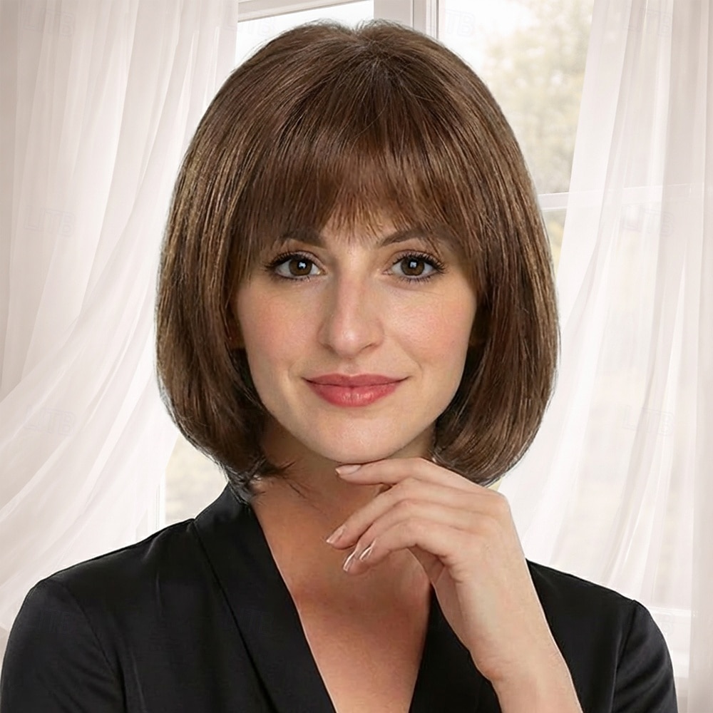 Элегантный парик-каре для женщин — гладкий темно-коричневый с естественной челкой. 2026 - $32.99 –P5