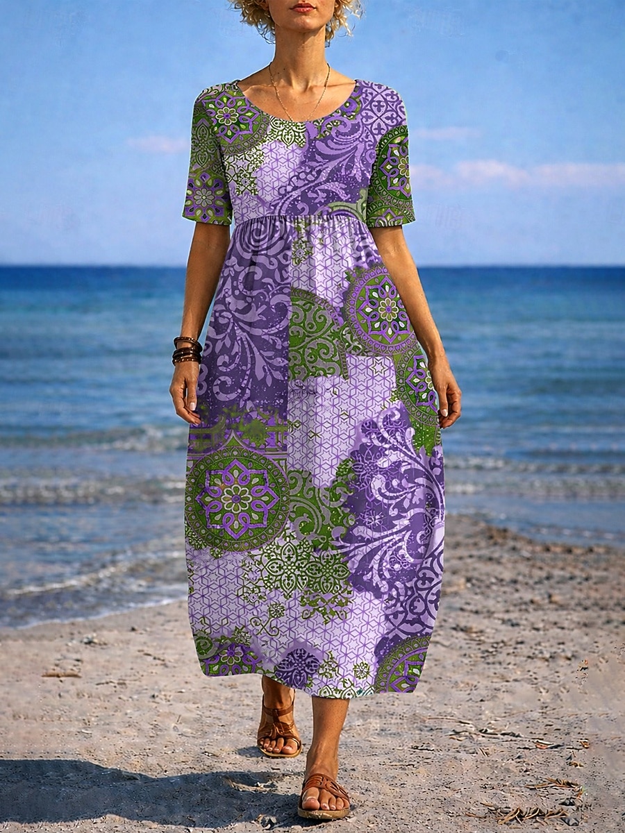 Per donna Abito maxi Abito a trapezio Abito Estivo Vacanza Casual Quotidiano Ferie Vestibilità comoda Grafico Paisley Tribale Mezza Manica Girocollo Cammello Viola Verde Estate del 2026 a $33.99 –P2
