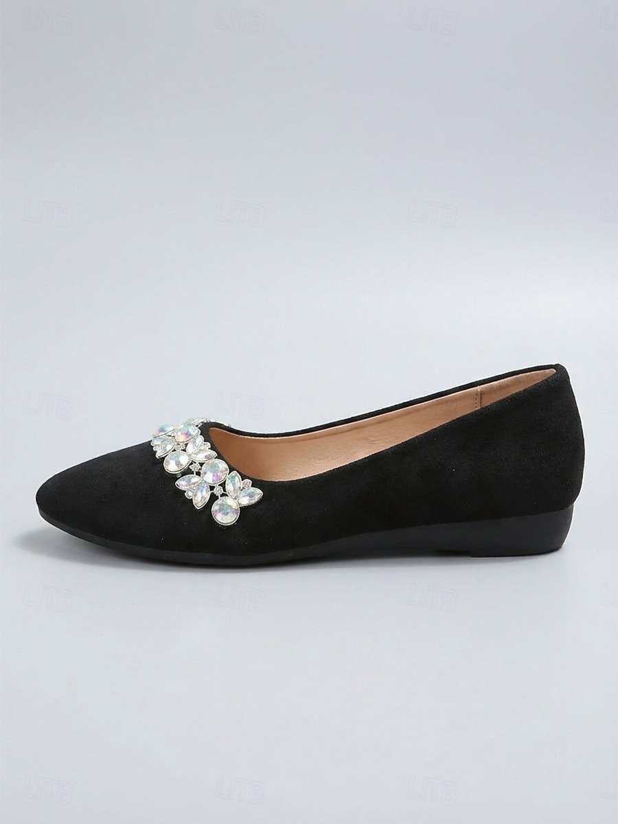 Women's Black Suede Pointed Toe Flats with Crystal Embellishment, Elegant Mother of the Bride Shoes for Garden Wedding, Comfortable Dress Flats for Outdoor Ceremony 2026 - $29.99 Women's Black Suede Pointed Toe Flats with Crystal Embellishment, Elegant Mother of the Bride Shoes for Garden Wedding, Comfortable Dress Flats for Outdoor Ceremony 2026 - $29.99
