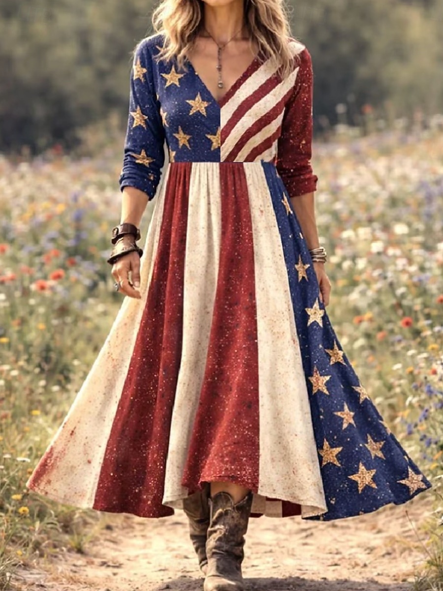 Ημέρα Αμερικανικής Ανεξαρτησίας Γυναικεία Μίντι φόρεμα Φόρεμα με πλισέ Πάρτι Καθημερινό Μπόχο Ημερομηνία Κανονικό Γραφική Σημαία Αστέρια και ρίγες Μακρυμάνικο Λαιμόκοψη V Ρουμπίνι Καλοκαίρι Άνοιξη 2026 - $41.99 –P1