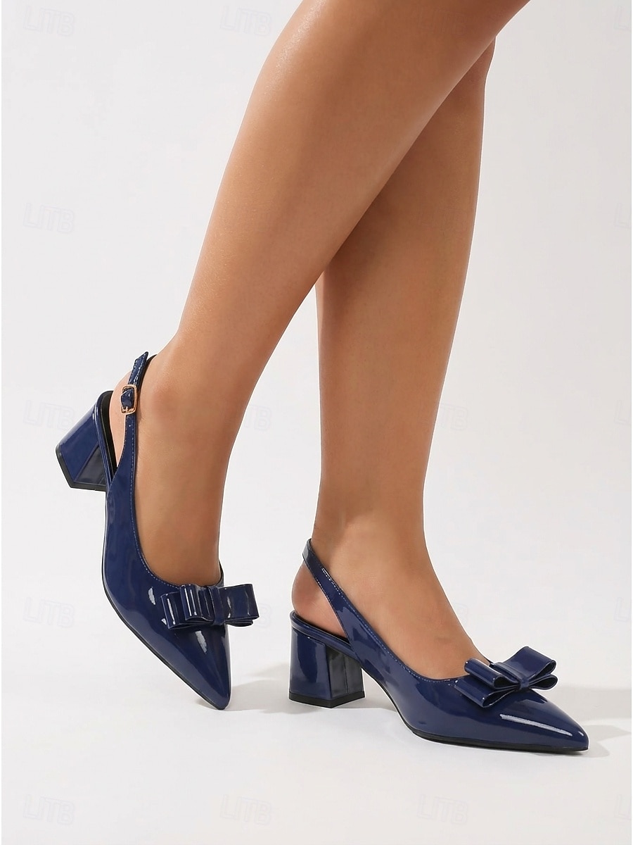 Elegante damespumps van marineblauw lakleer - chique pumps met spitse neus en strik. &Stevige blokhak voor kantoorwerk, business casual &dagelijkse professionele kleding 2026 - $46.99 –P6
